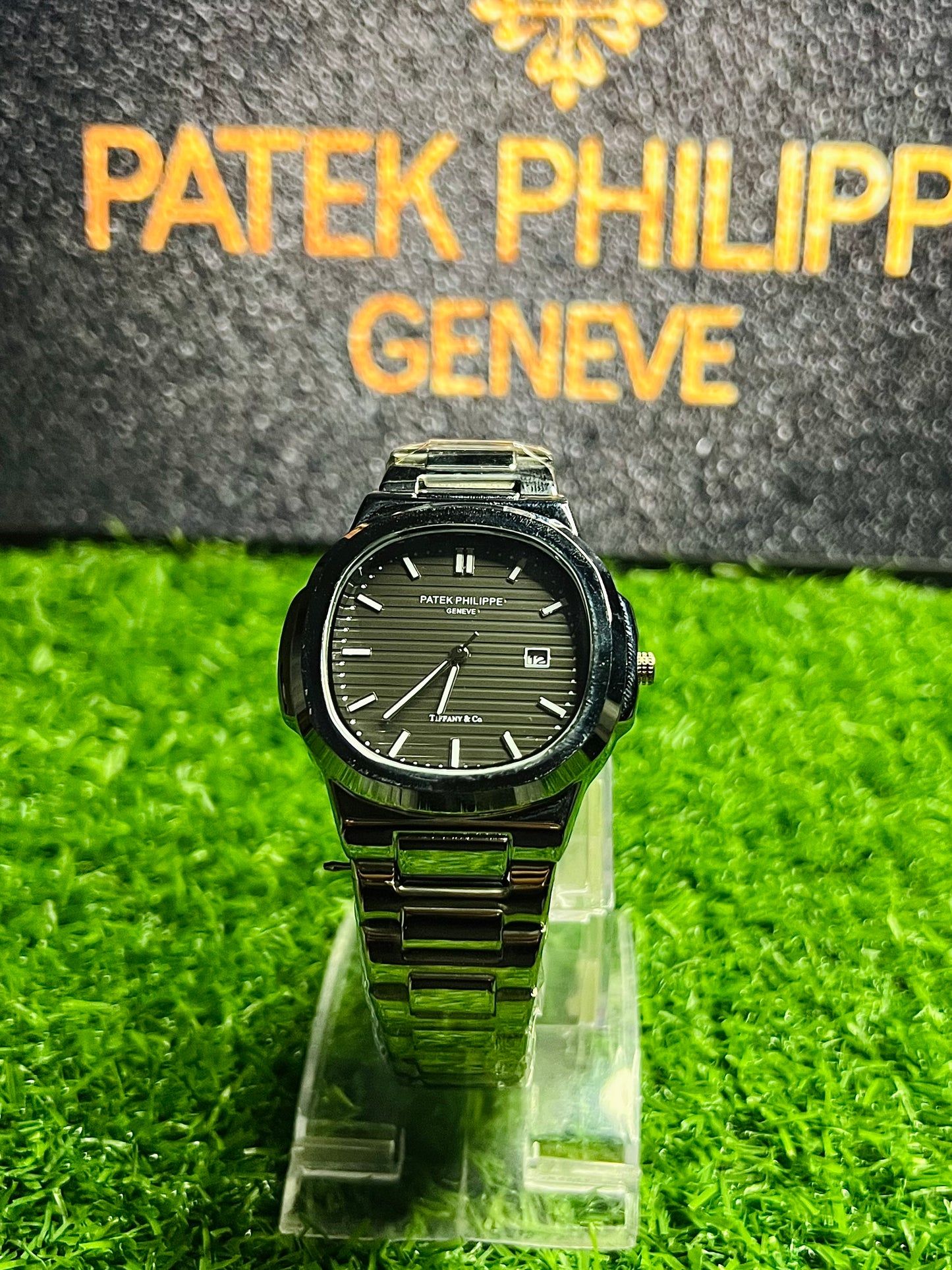 Buy- Sleek Steel Patek Philippe on Grassy Greens in black shiny dial
