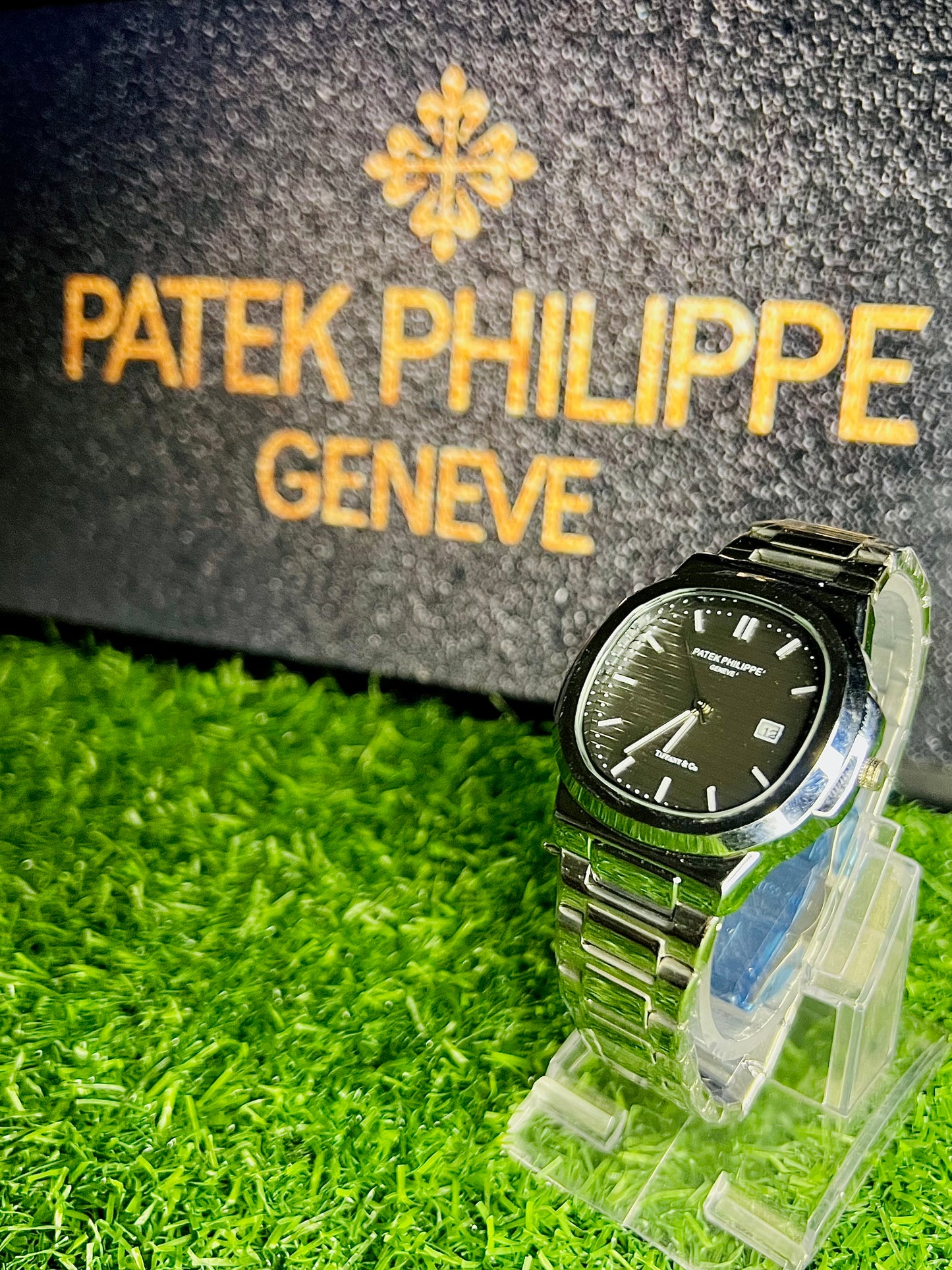Buy- Sleek Steel Patek Philippe on Grassy Greens in black shiny dial