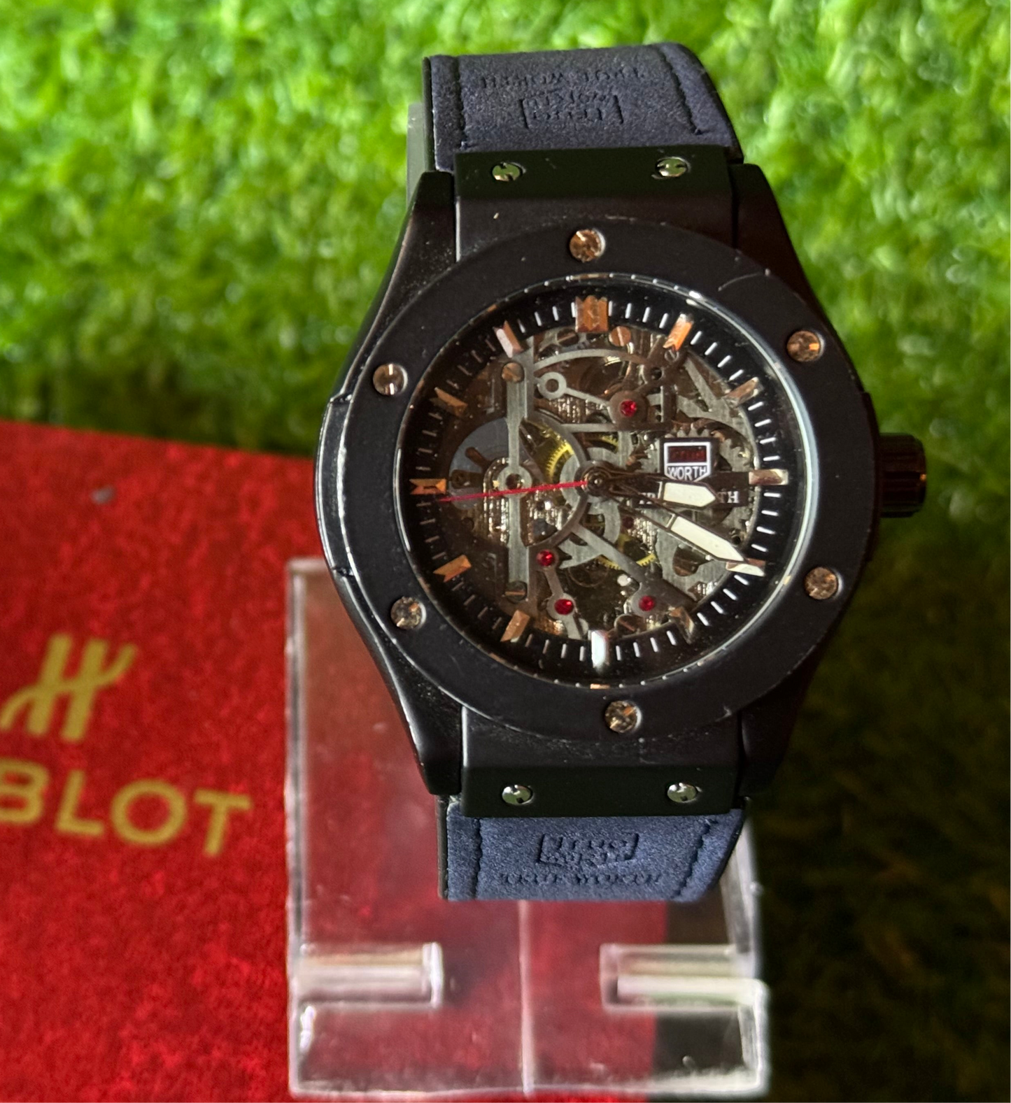 Hublot Skeleton Dial Automatic machinary watch with blue leather straps