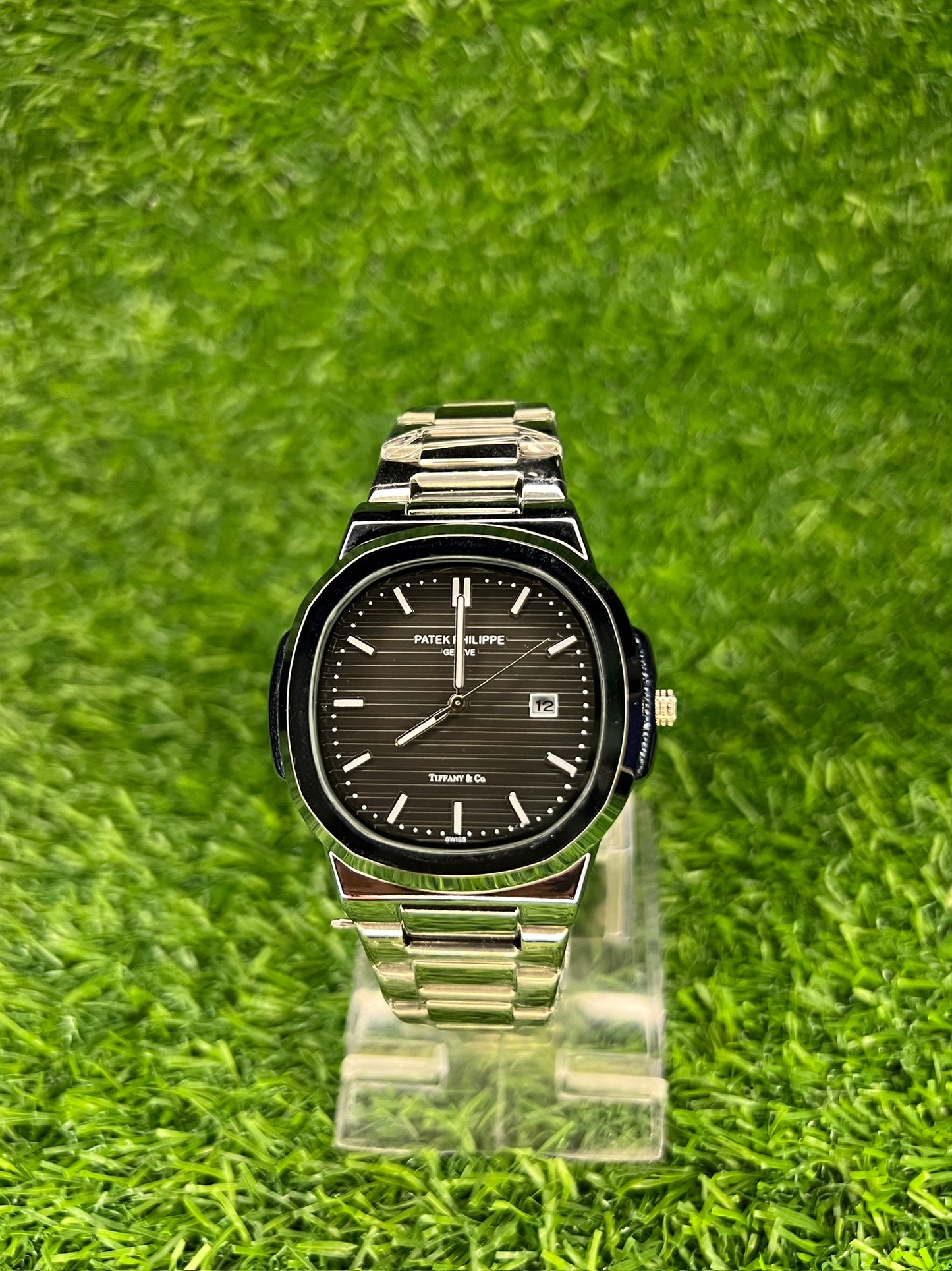 Buy- Sleek Steel Patek Philippe on Grassy Greens in black shiny dial