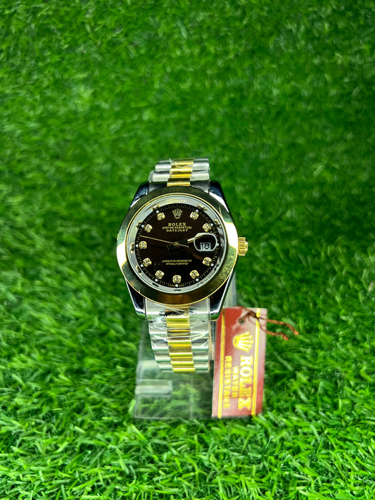 Luxury Timepiece: Rolex Datejust with Black Diamond Dial and high quailty silver gold chain