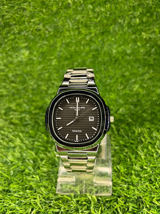 Buy- Sleek Steel Patek Philippe on Grassy Greens in black shiny dial